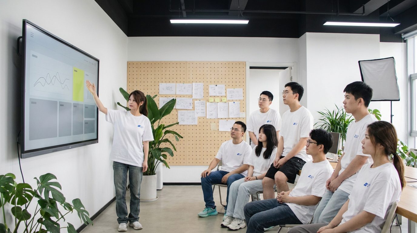 交付培训:设计师在大屏前向客户团队讲解界面