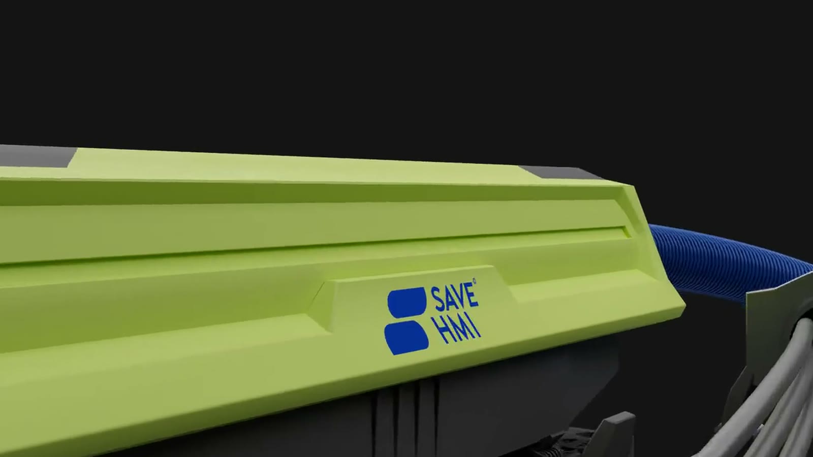 工业机器人末端工装成片结尾：青柠护罩与 SAVE HMI 标识的特写