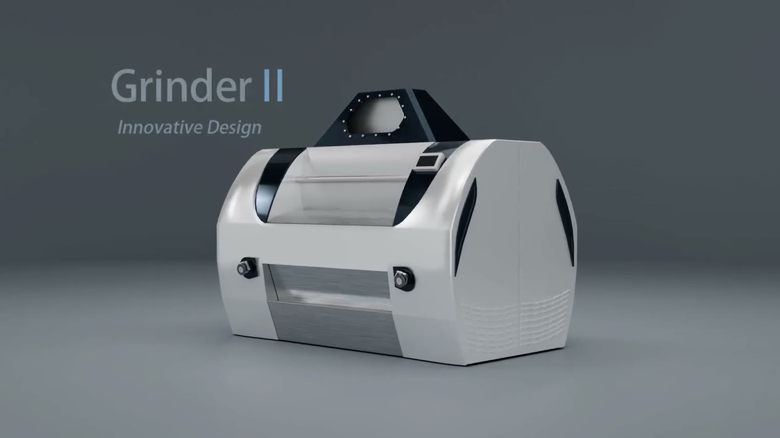 Grinder II 磨粉机整机三维模型：钣金、观察窗与传动侧按图纸 1:1 还原