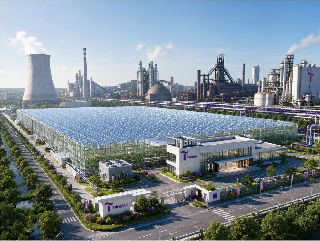 紧邻钢厂与电厂建设的连栋玻璃温室，工业管廊把余热与二氧化碳直接送进温室