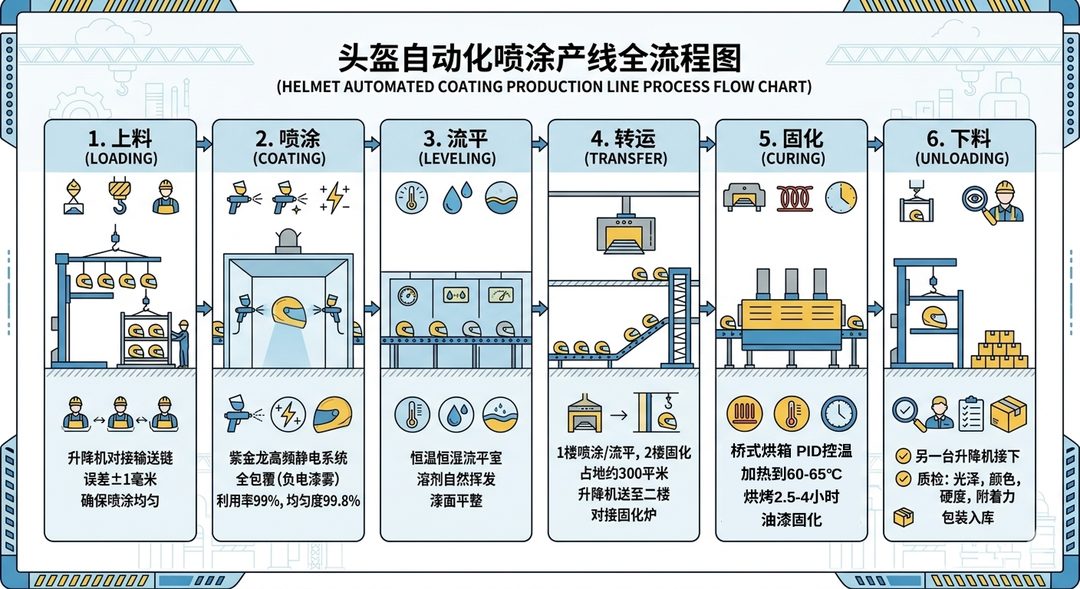 头盔自动化喷涂产线全流程图